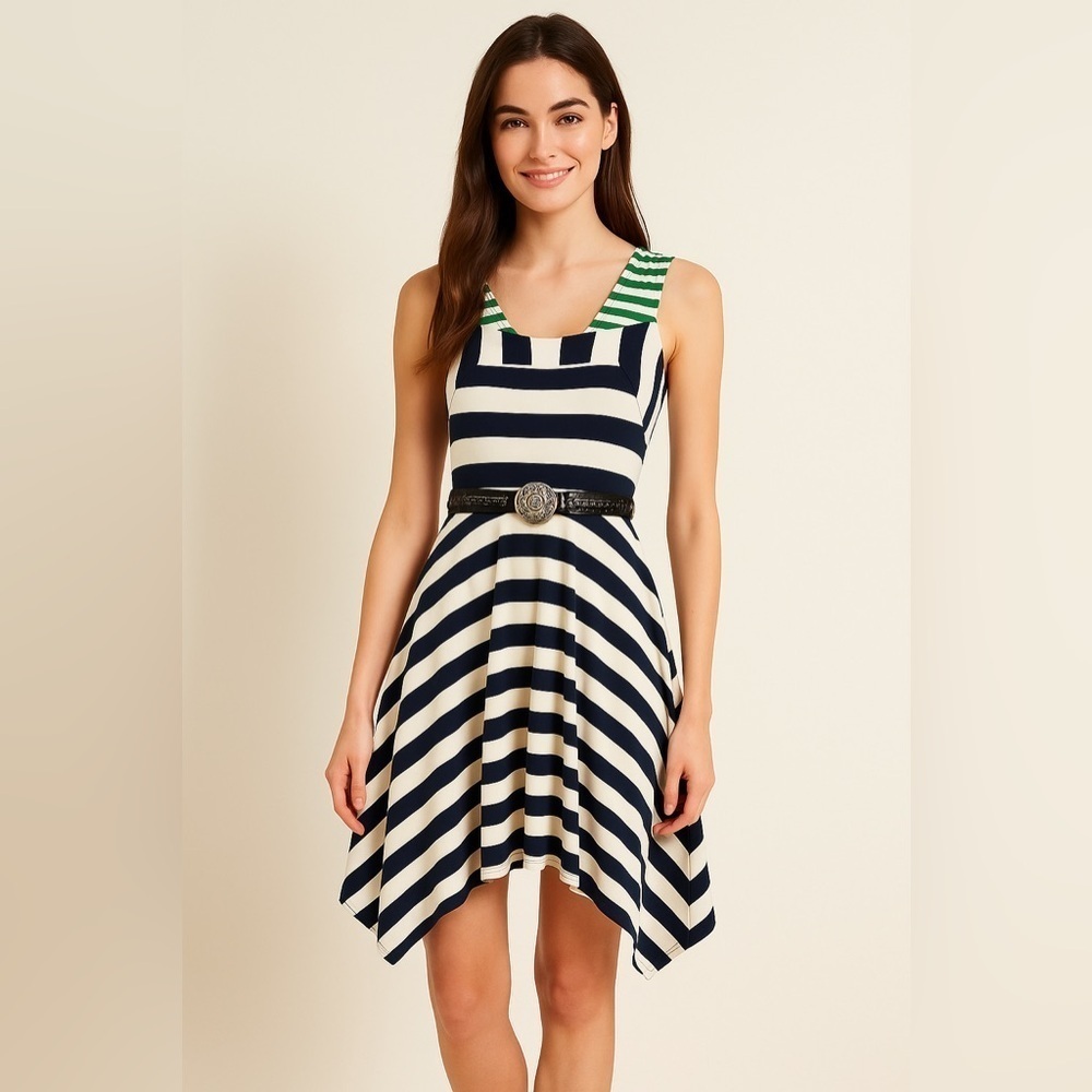 HWB Anthropologie 100% cotton color block asymmetrical hemline cross back strap.